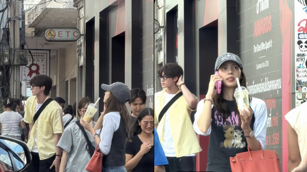 Blackpink's Lisa (right) is spotted with Thai actor Blue Pongtiwat in Bangkok on Monday. (@idahida69, X)