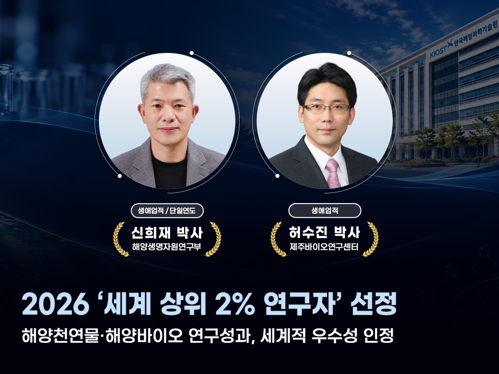 Shin Hee-jae of the Korea Institute of Ocean Science and Technology's Marine Bio-Resources Research Division (left) and Heo Su-jin of the Jeju Bio Research Center have been named to the "2026 World's Top 2% Scientists" list. Shin was recognized in both the career-long and single-year categories, while Heo was named in the career-long category. [Korea Institute of Ocean Science and Technology]