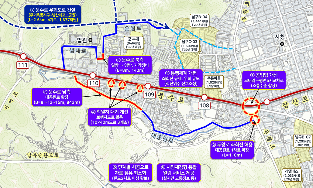 태화강역~신복교차로 10.85㎞에 정거장 15개를 설치하는 울산 도시철도 1호선 공사구간인 문수로 교통소통 대책(안). [울산시 제공]