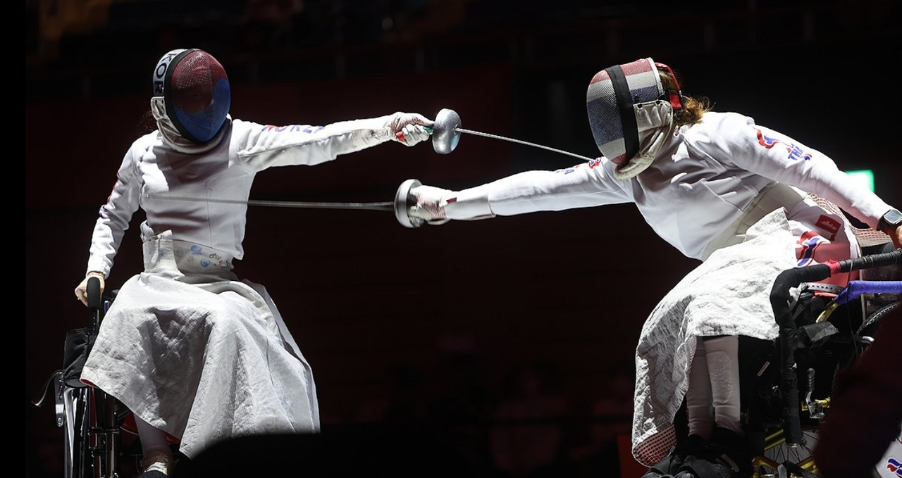 South Korea's Cho Eun-hye (left) competes in Fencing women's individual epee B final at the 2026 Aichi-Nagoya Asian Para Games, in Nagoya, Japan, Wednesday.   (Yonhap)