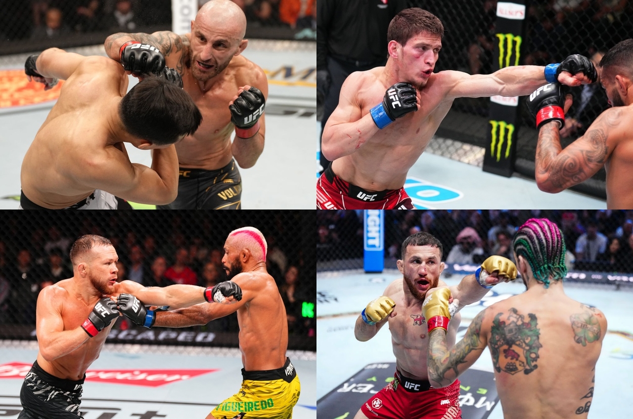 UFC 333 메인이벤트에서 격돌하는 UFC 페더급 챔프 알렉산더 볼카노프스키와 도전자 모브사르 에블로예프(위 좌,우). 코메인이벤트에선 밴텀급 챔피언 표트르 얀과 메랍 드발리시빌리의 타이틀전이 펼쳐진다(아래 좌,우). [UFC 제공]