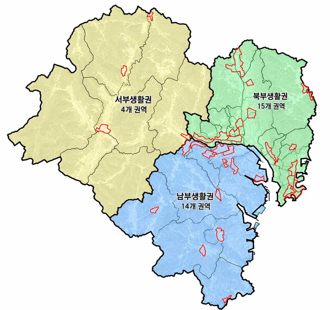 울산시가 향후 10년 도시재생의 새로운 방향을 제시한 ‘2035 울산광역시 도시재생전략계획’을 수립하고 공고했다. 그림은 3대 생활권 33개 도시재생권역도. 빨간선 부분은 도새재생권역. [울산시 제공]