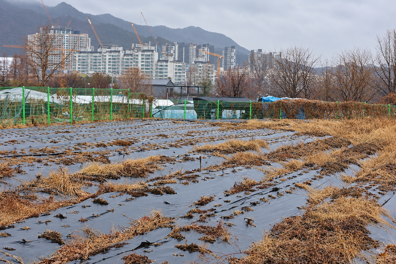 수도권 내 한 농지 너머로 아파트 단지 등 재개발 구역이 들어선 모습. 기사 내용과 관계없음. [연합]