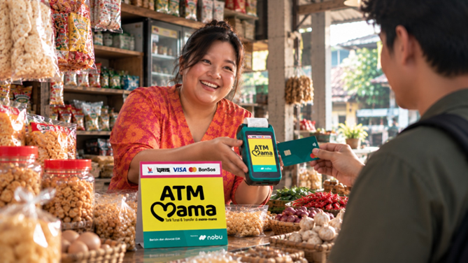 Use of Nobu Bank's ATM Mama service at a store is demonstrated. (Nobu Bank)