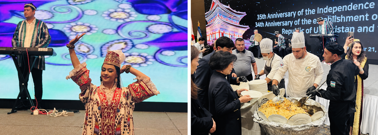 An Uzbek artist performs a dance (left), and members of the Uzbek community serve pilaf, Uzbekistan’s national dish, at a reception marking the 35th anniversary of Uzbekistan’s independence in Seoul on Wednesday. (Sanjay Kumar/The Korea Herald)