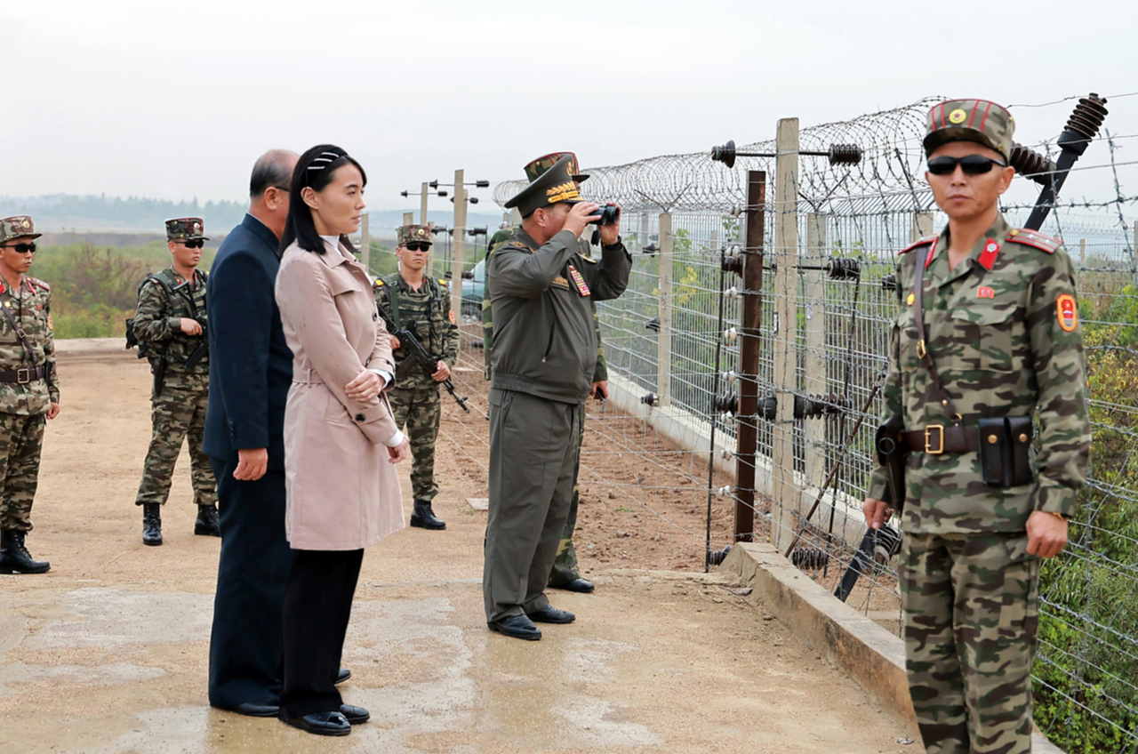 Pak Jong-chon (center), vice chairman of the Central Military Commission of the ruling Workers' Party of Korea and an adviser to the North Korean defense ministry, Kim Yo-jong (in front of Pak), sister of North Korean leader Kim Jong-un, and others inspect fortification work on the border with South Korea at an unspecified location on Wednesday in this photo released by the North's official Korean Central News Agency. (KCNA-Yonhap)
