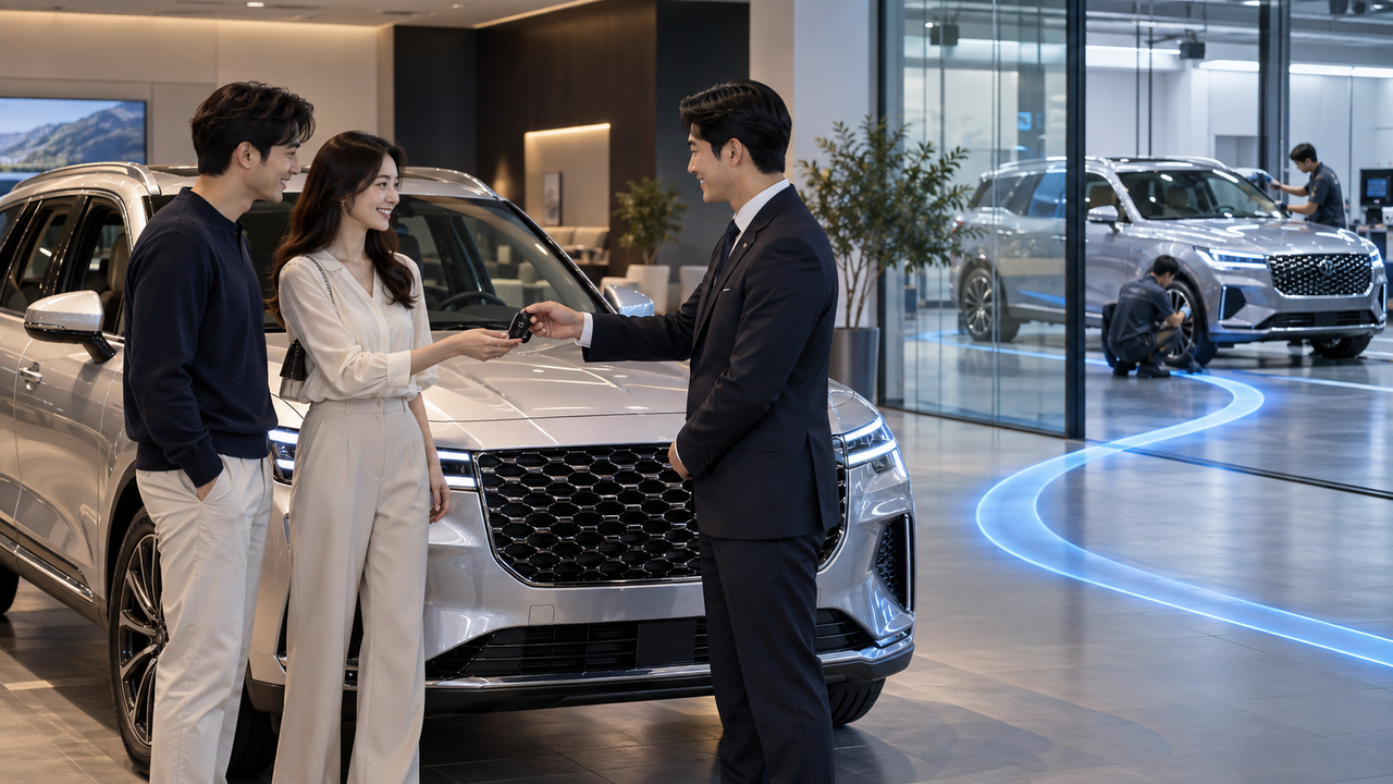 A customer receives post-delivery vehicle care service after purchasing a new car. Automakers are expanding after-sales benefits including free maintenance and extended warranties. [Chabot Mobility]
