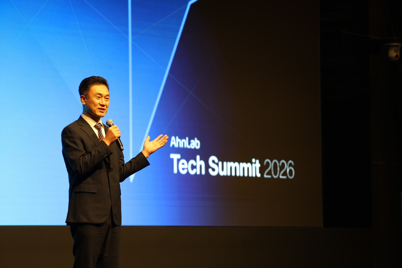 Han Chan-seok, head of AhnLab's business division, delivers opening remarks at AhnLab Tech Summit 2026, held Thursday at L Tower in Yangjae-dong, Seoul. [AhnLab]