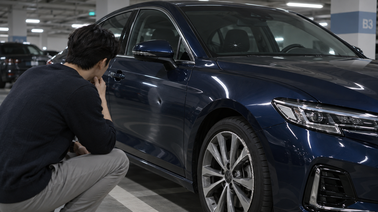 A vehicle owner inspects scratches on a parked car. Chabot Mobility operates its "Chabot Care" service, which covers auto insurance deductibles of up to 1 million won. [Chabot Mobility]