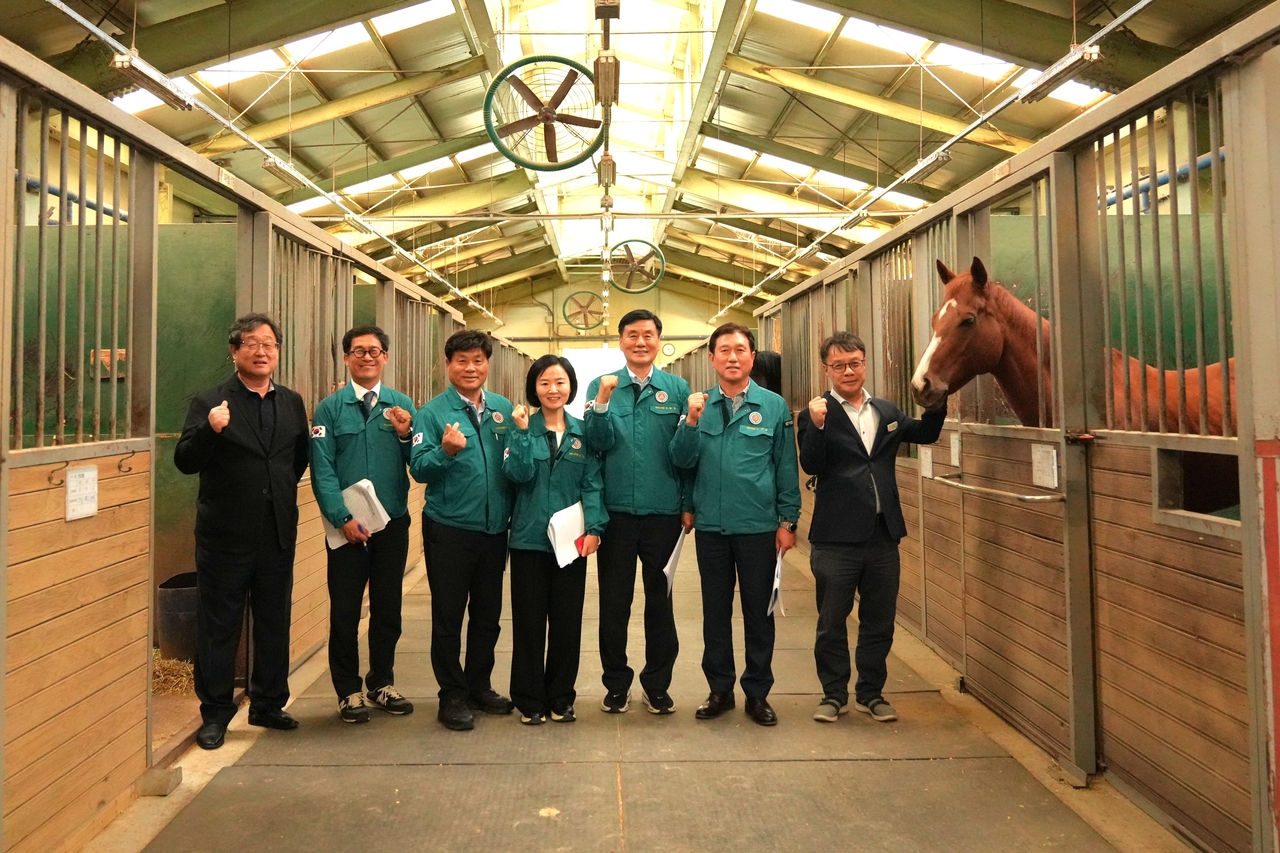 Members of the Yeongcheon City Council's Industry and Construction Committee visit the Unjusan Equestrian Training Center. [Provided by Yeongcheon City Council]