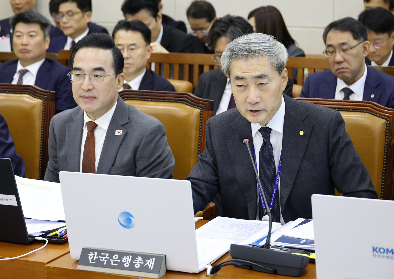 Bank of Korea Governor Shin Hyun-song answers questions at the 2026 comprehensive national audit held by the National Assembly's Finance and Economy Planning Committee on Friday. [Yonhap]