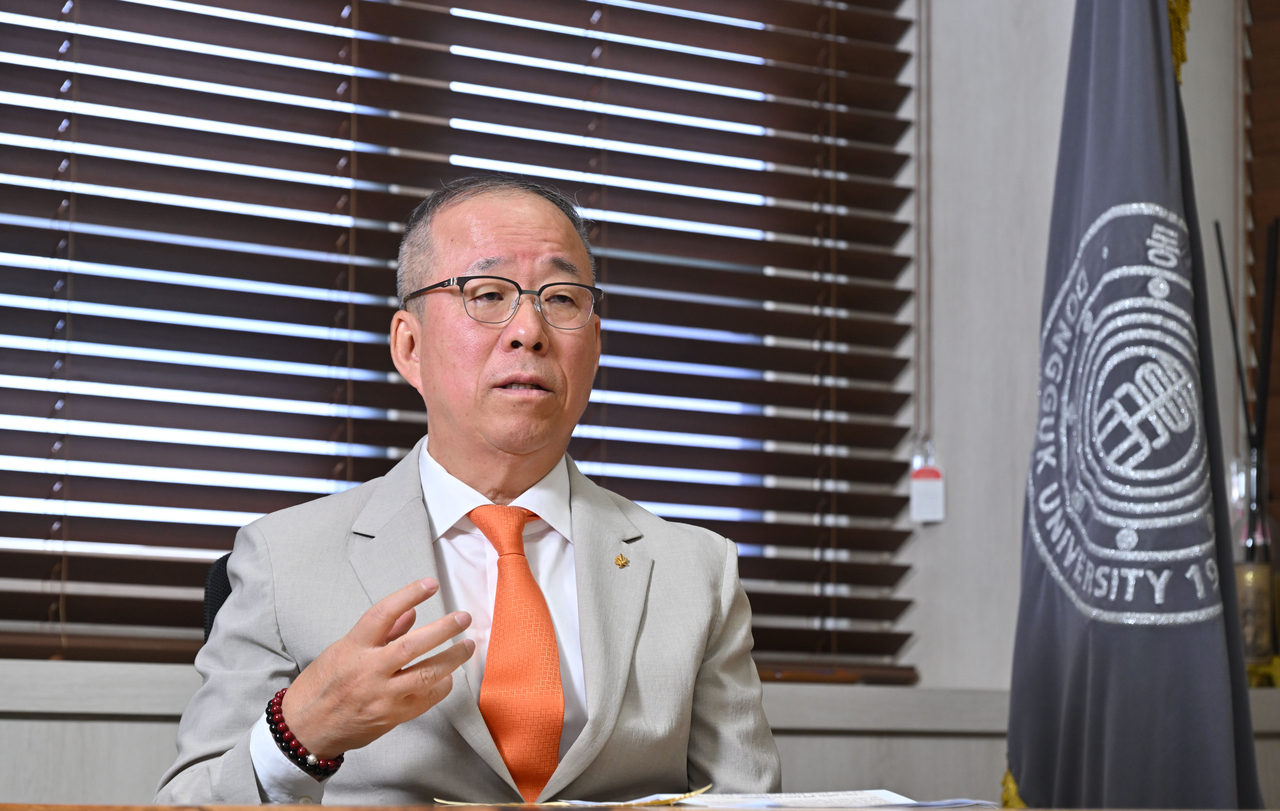 Dongguk University President Yun Jae-woong speaks to The Korea Herald on Oct. 1 at the university's Seoul campus in Jung-gu, Seoul. (Im Se-jun/The Korea Herald)