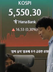 23일 서울 중구 하나은행 본점 딜링룸에 코스피가 표시되고 있다. 이날 코스피는 전장보다 16.53포인트(0.30%) 오른 5,550.30으로 거래를 마쳤다. [연합]