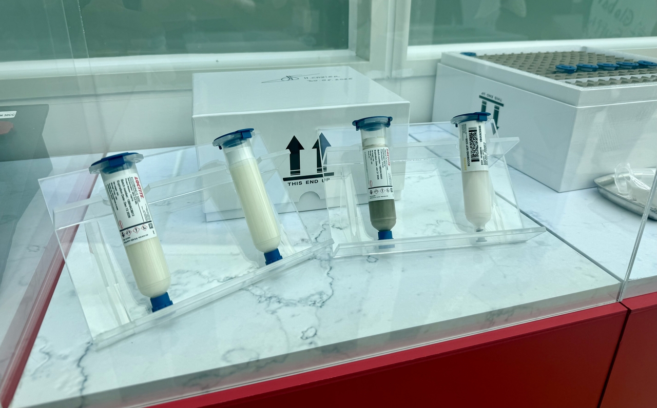 Henkel's semiconductor adhesive product on display at Henkel Korea's Songdo plant (Jo He-rim/The Korea Herald)
