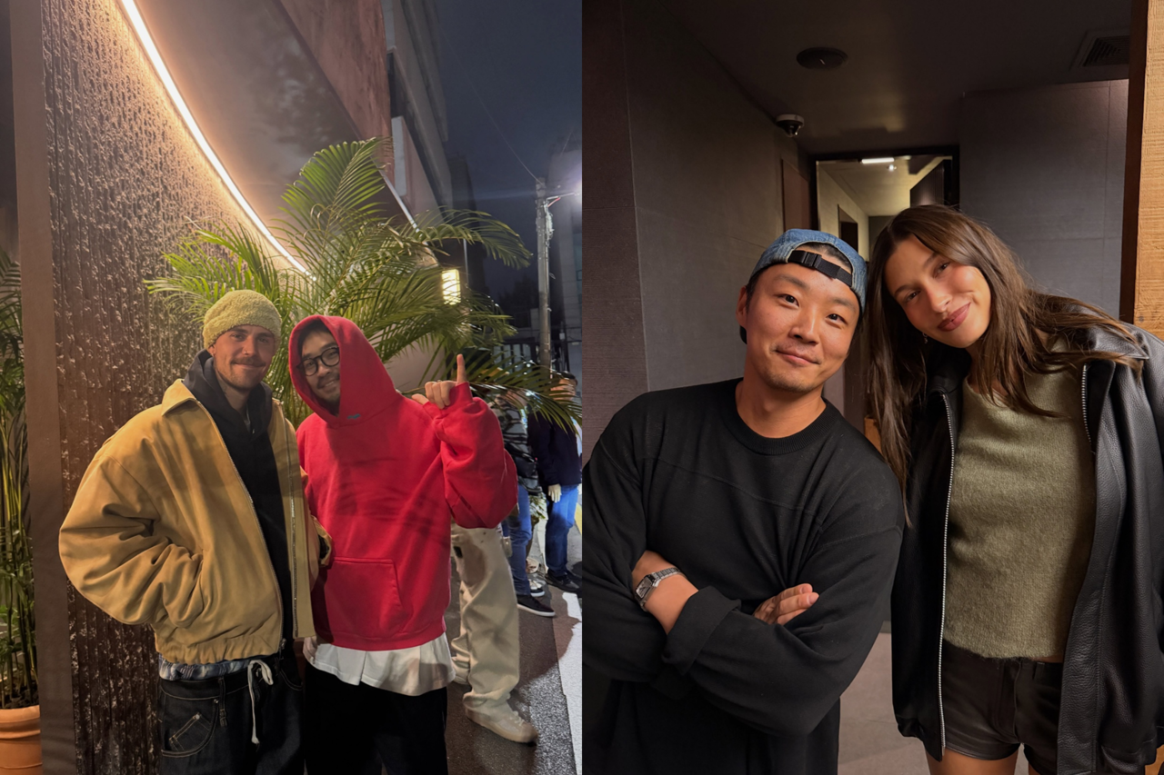 Justin Bieber (left) and Hailey Bieber (right) pose next to the CEOs of Dosan Hoikwan during their visits on Saturday. (@monkey_aloha, @zau_kim, Instagram)