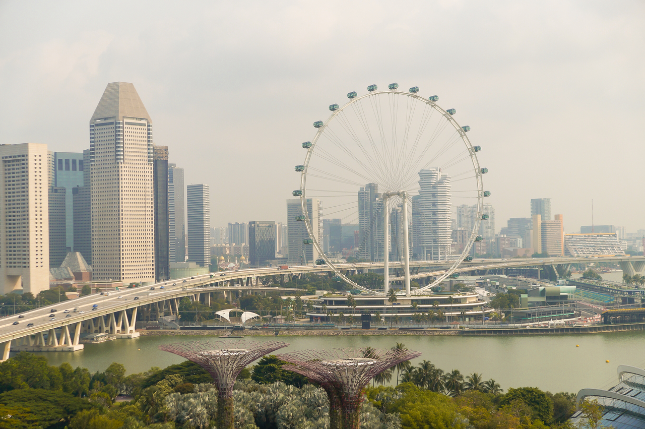 The Singapore Flyer, one of Singapore's defining landmarks, stands against a backdrop of high-rise buildings and a coastal road. [Kim Myung-sang]