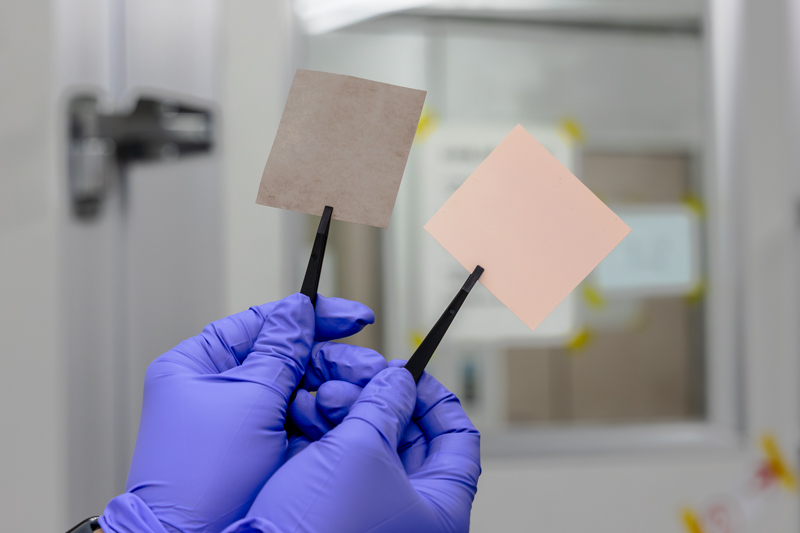 Solid electrolyte before transfer coating (right) and after transfer (left). [Korea Research Institute of Chemical Technology]