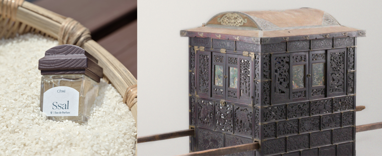 Chwi's perfume bottle (left) is inspired by gama, a Korean palanquin (right). (Chwi)