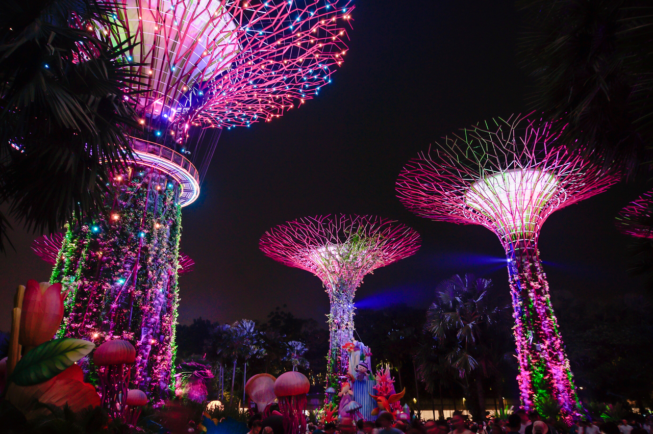 The Supertrees at Gardens by the Bay in Singapore light up for "Garden Rhapsody," the nightly illumination show. [Kim Myung-sang]