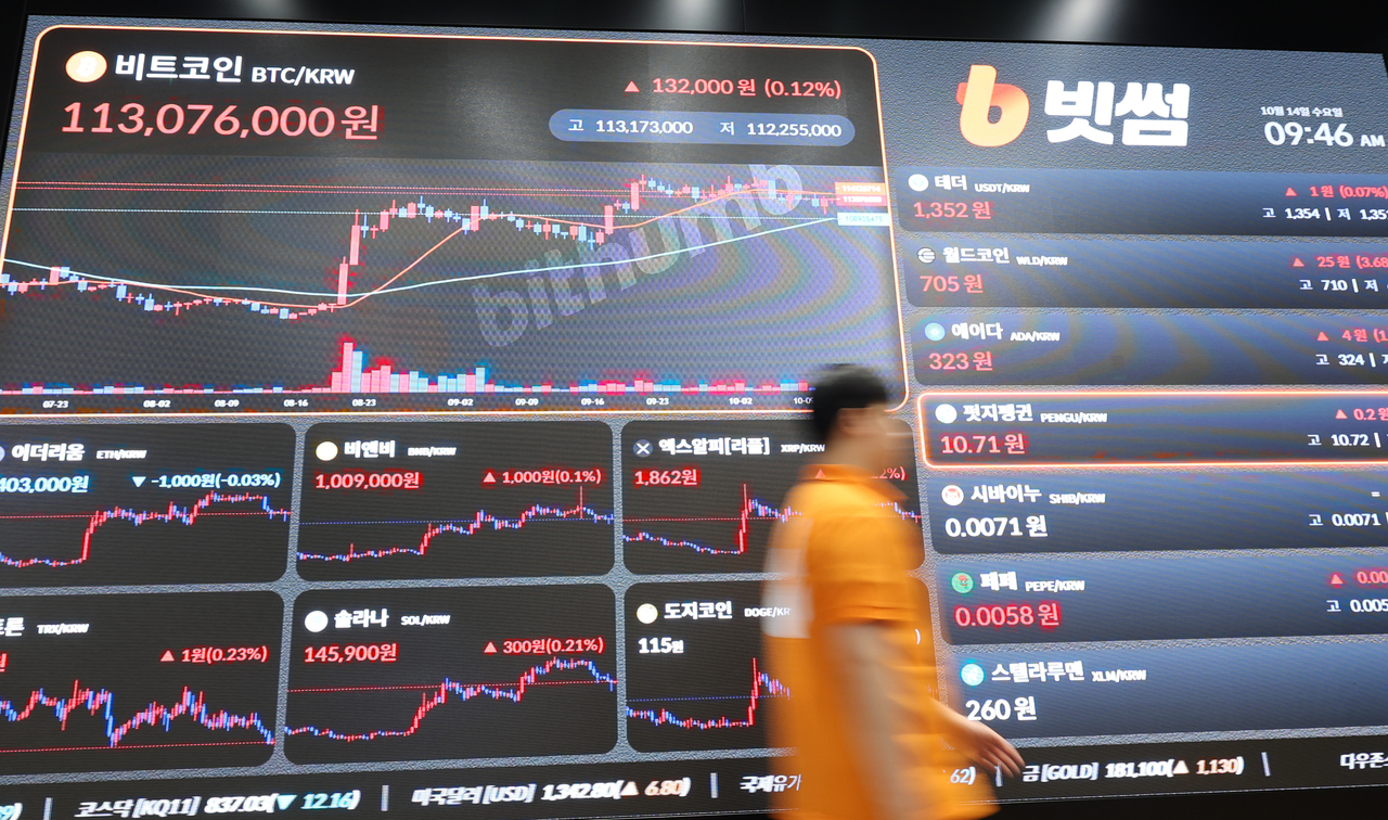서울 서초구 가상자산 거래소 빗썸 라운지 전광판에 비트코인 등의 시세가 표시돼있다. [연합]