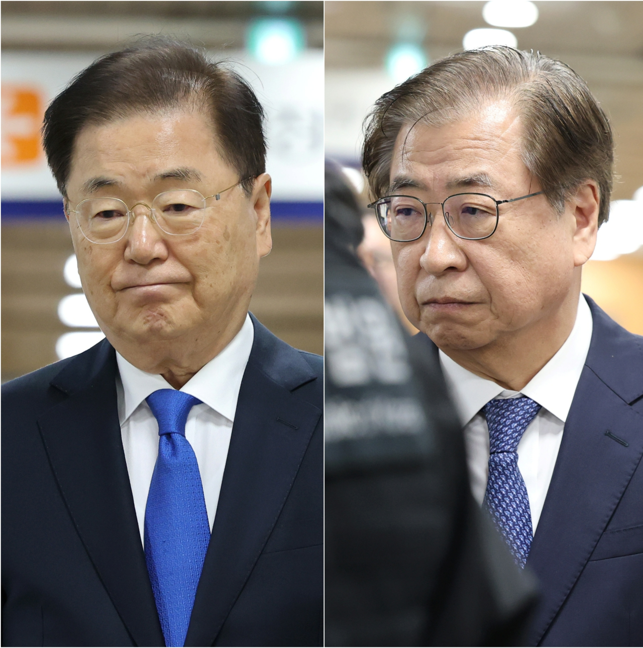 Chung Eui-yong (left), former national security adviser, and former National Intelligence Service Director Suh Hoon arrive at the Seoul High Court in southern Seoul, in this composite photo taken Oct. 21, 2026. (Yonhap)
