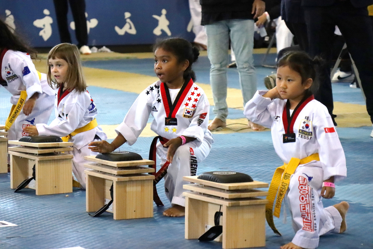 Children perform taekwondo at the 2025 Foreigner Taekwondo Exhibition Festival on Oct. 30, 2025. (Gangnam-gu Office)