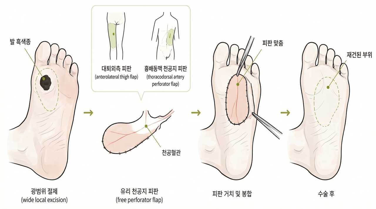 <그림설명. 발 흑색종 재건 수술에서 유리 천공지 피판술 개념도(본 그림은 생성형 AI의 도움을 받아 제작하였습니다)>