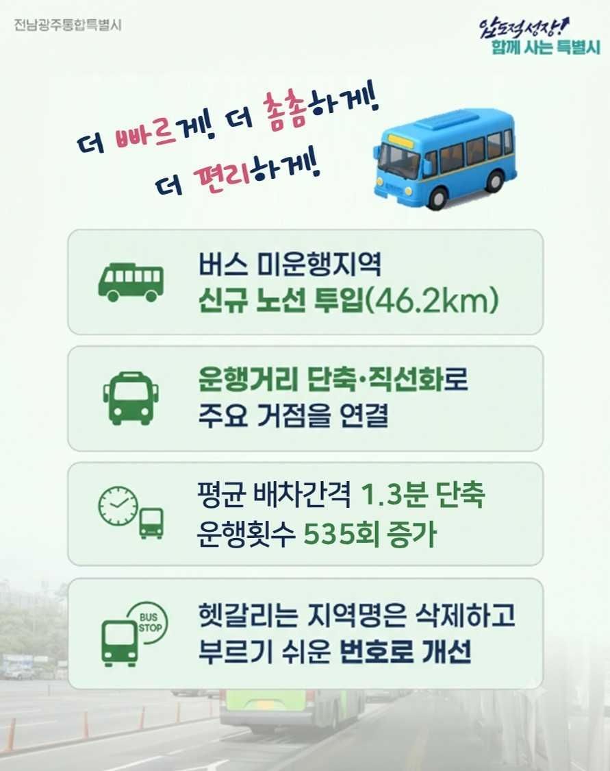 9년 만에 이뤄지는 대규모 노선 조정으로, 변화된 도시구조와 시민 이동 수요를 반영한 시내버스 체계를 구축하는 데 중점을 뒀다.