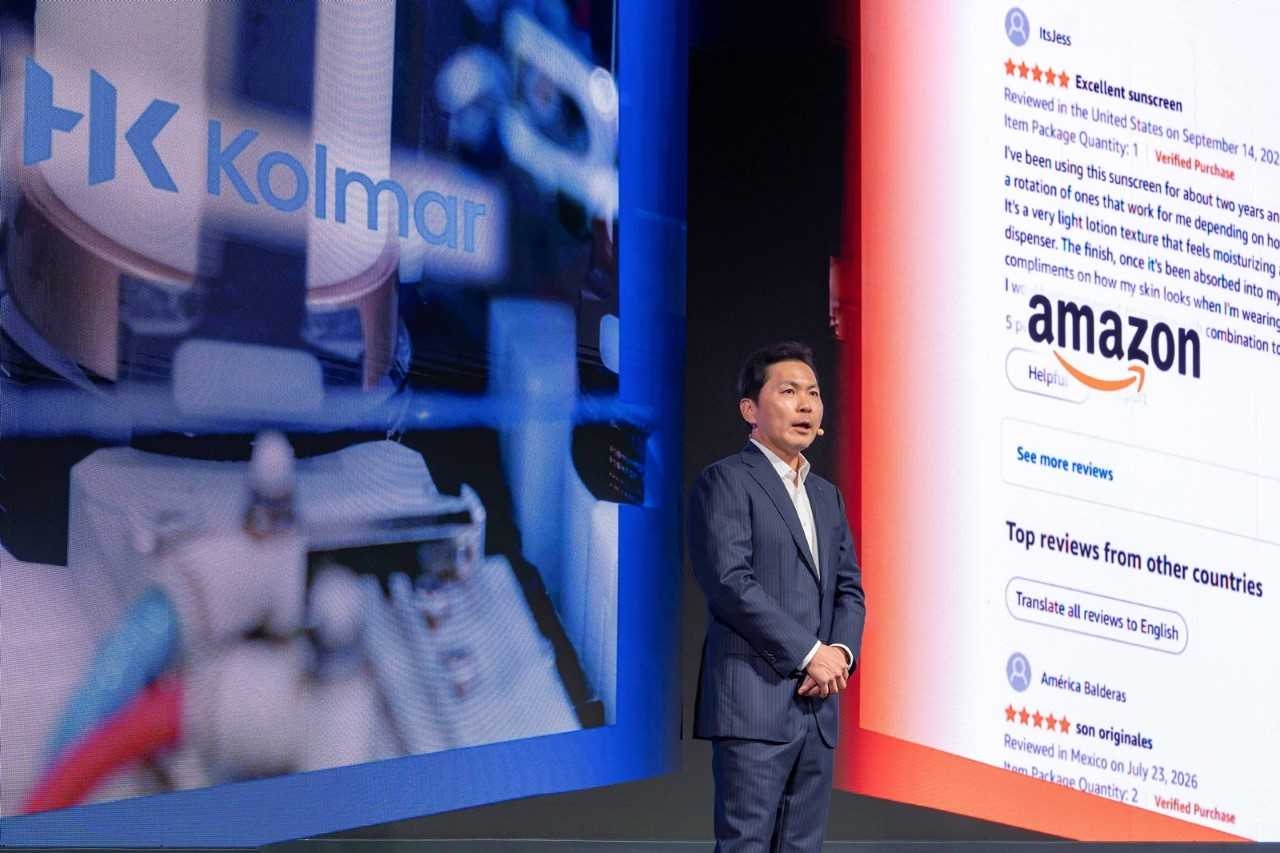 Kolmar Vice Chairman Yoon Sang-hyun delivers a keynote address at "Amazon Beauty in Seoul 2026," held Tuesday at the Grand InterContinental Seoul Parnas in Gangnam-gu, Seoul. [Kolmar Korea]