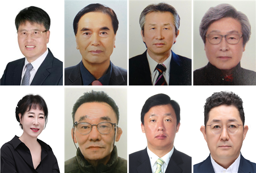 Winners of the Busan Metropolitan City Culture Award. (Top row, from left) Jo Yeong-rae, Lee Seok-rae, Park Seong-wan, Park Su-cheol; (bottom row, from left) Son Sim-sim, Son Gap-do, Kim Seong-bae, Kim Jeong-gi. [Busan city government]