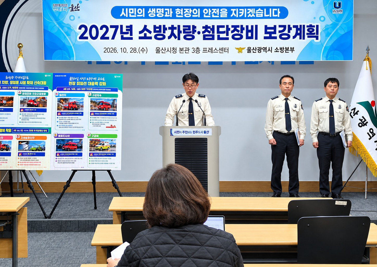 김용수 울산소방본부장이 28일 울산시청 프레스센터에서 기자회견을 열고 2027년 소방차량 및 첨단장비 보강계획을 밝히고 있다. 울산=박동순 기자