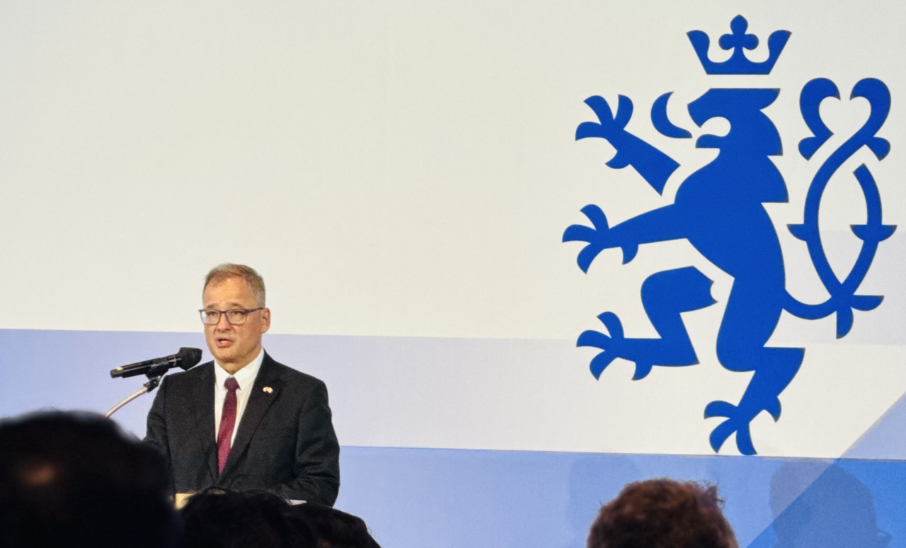 Czech Ambassador to South Korea Ivan Jancarek speaks at a Czech National Day event in Seoul on Tuesday. (Sanjay Kumar/The Korea Herald)