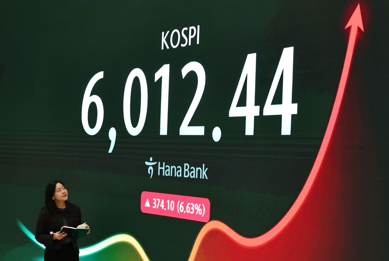 An electronic board showing the Korea Composite Stock Price Index at a dealing room of the Hana Bank headquarters in Seoul on Wednesday. (Yonhap)
