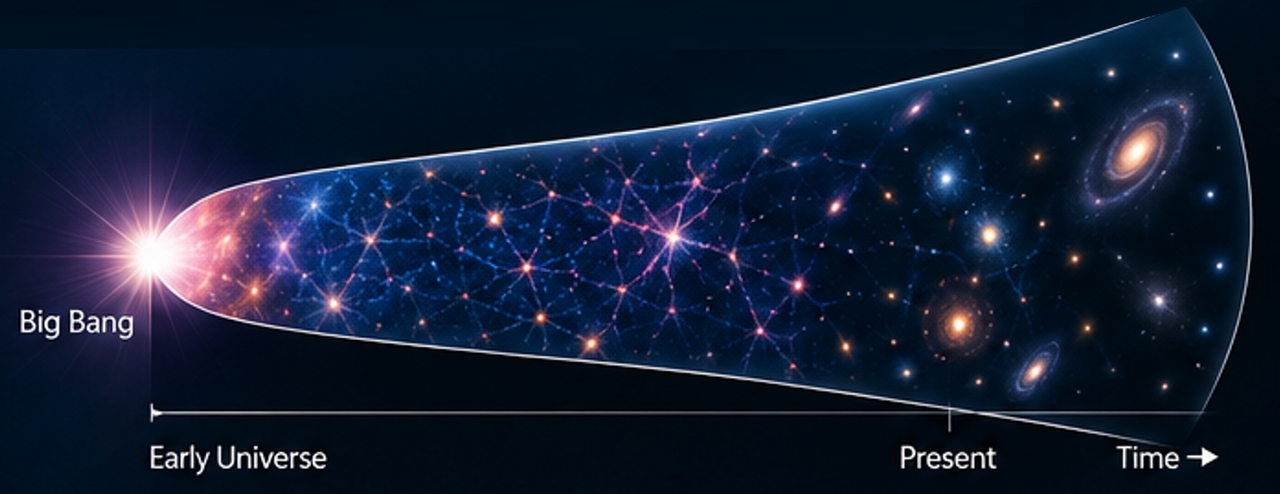 A conceptual illustration of a new cosmological model explaining cosmic expansion through a novel property of dark matter (AI-generated image). [Korea Astronomy and Space Science Institute]