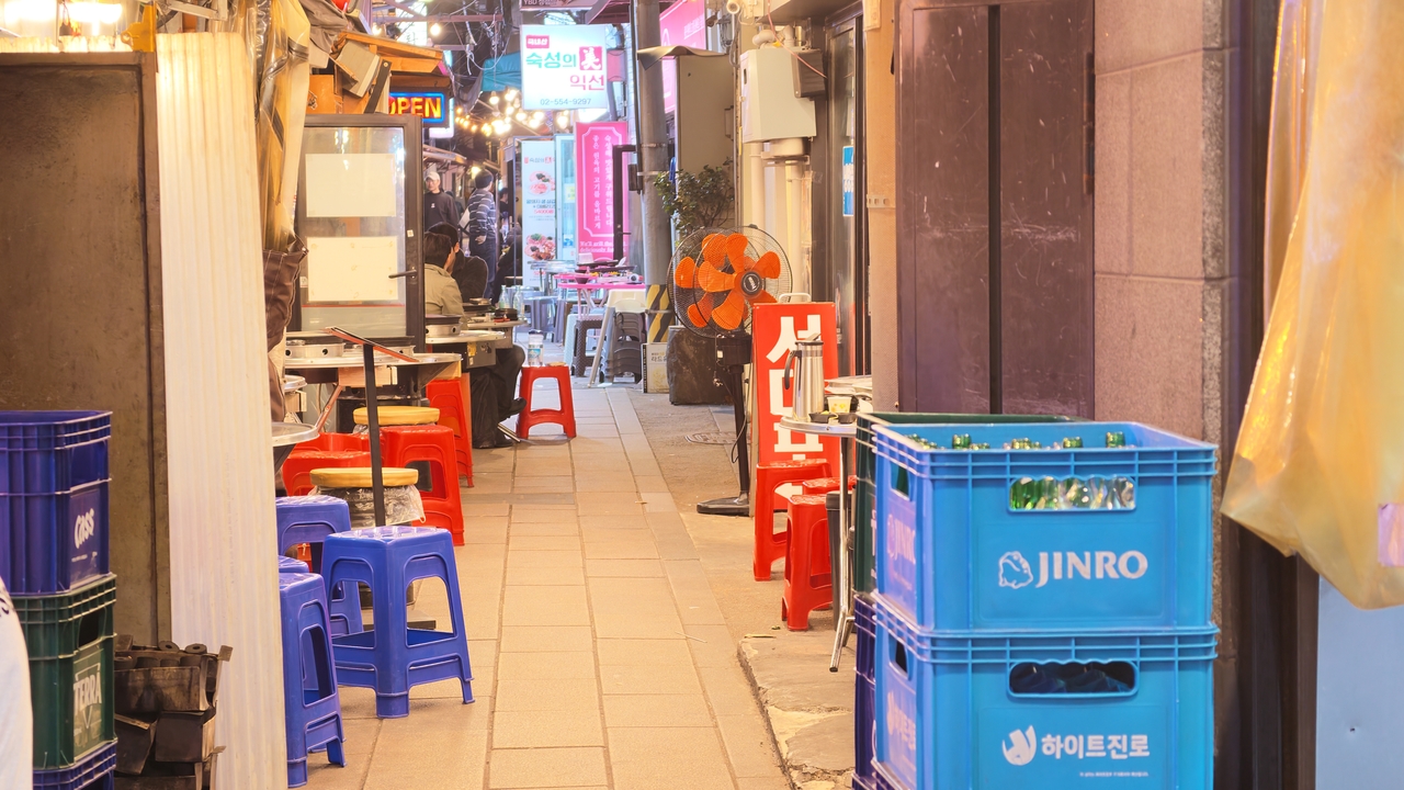Restaurants on one side of the narrow alley near Jongno 3-ga station offer outside stalls while those on the other side, many of which are gay bars, do not offer such stalls. (Cha Min-jung/The Korea Herald)