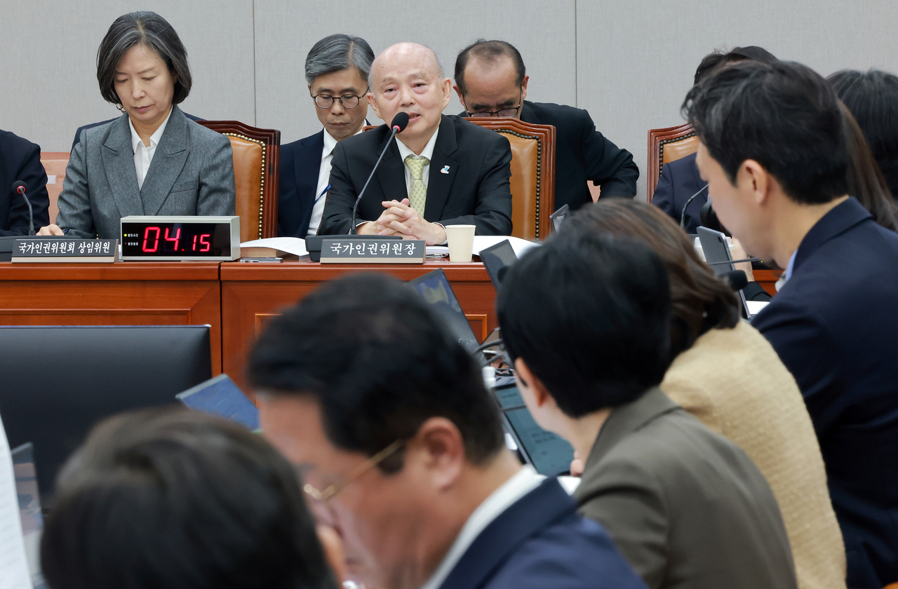 National Human Rights Commission Chair Ahn Chang-ho answers lawmakers' questions during a parliamentary audit of the commission by the National Assembly Steering Committee at the National Assembly on Thursday. (Yonhap)