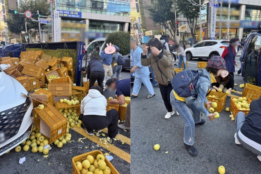 Passersby work together to clear the scene after a fruit delivery truck overturned on a road in Busan, scattering dozens of boxes of apples. [Captured from Threads]