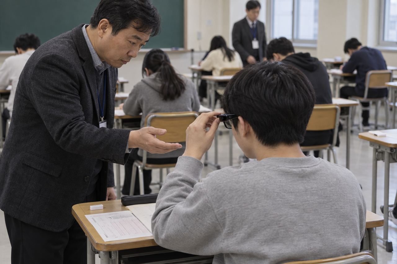 A staff member inspects a test-taker's glasses at a CSAT examination site. [Generated with AI]