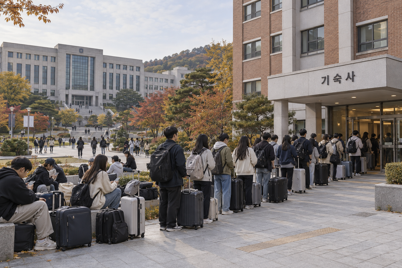 대학교 기숙사 앞 대기 행렬. [AI로 제작]