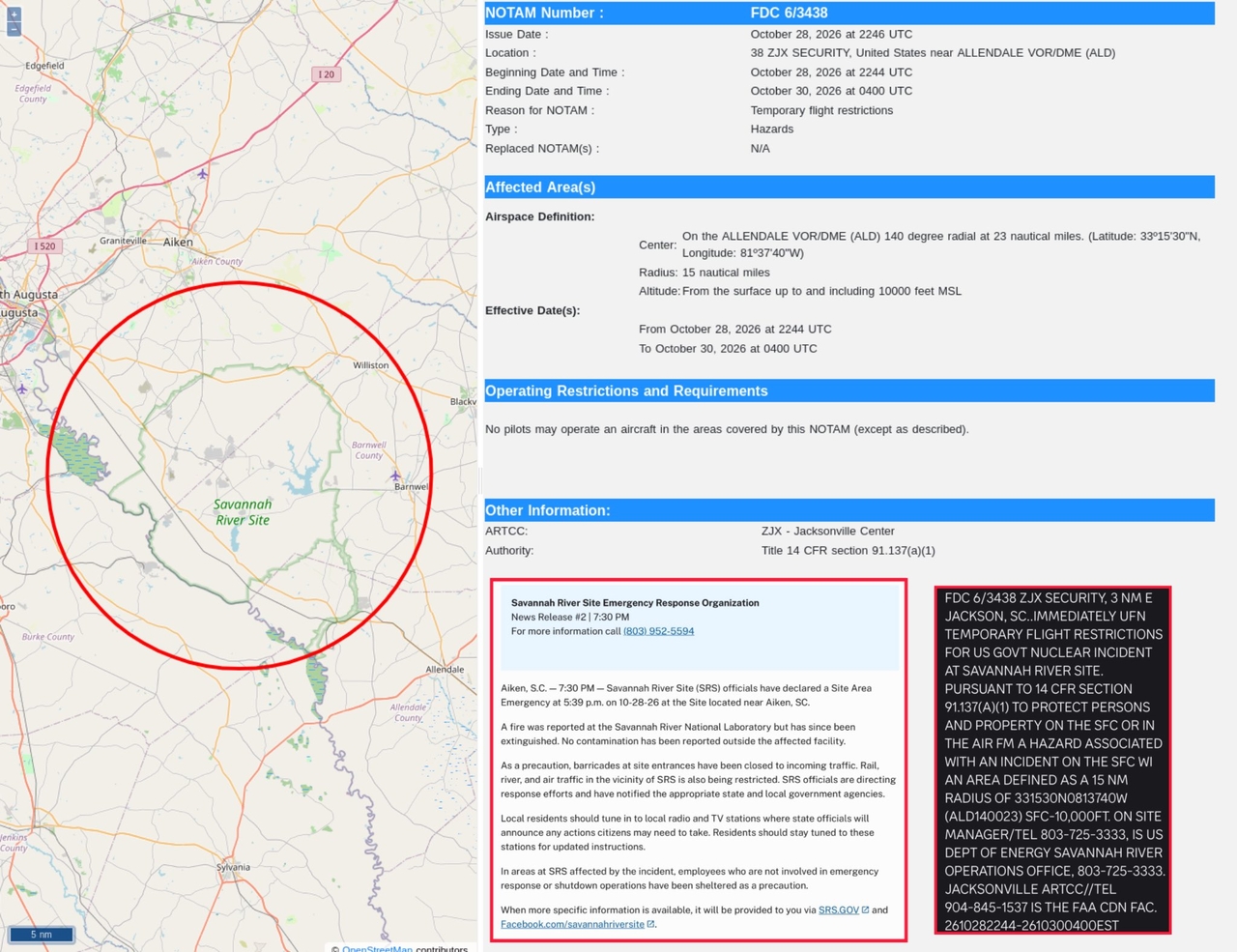 A temporary flight restriction zone established by the Federal Aviation Administration on Wednesday (local time) following a fire at the Savannah River National Laboratory at Savannah River Site, South Carolina. The FAA barred flights within a 15-nautical-mile (about 28-kilometer) radius of the complex below 10,000 feet. [FAA notice, map by OpenStreetMap contributors]