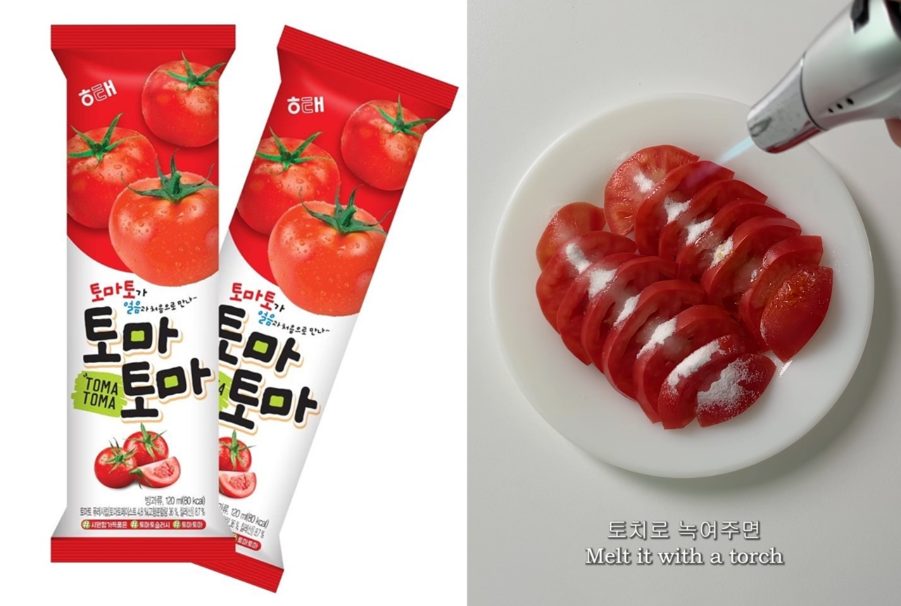 Toma Toma ice pops at left (Haitai) and sugar sprinkled on sliced tomatoes at right (@tasty_d.ay on Instagram) are popular tomato snacks.