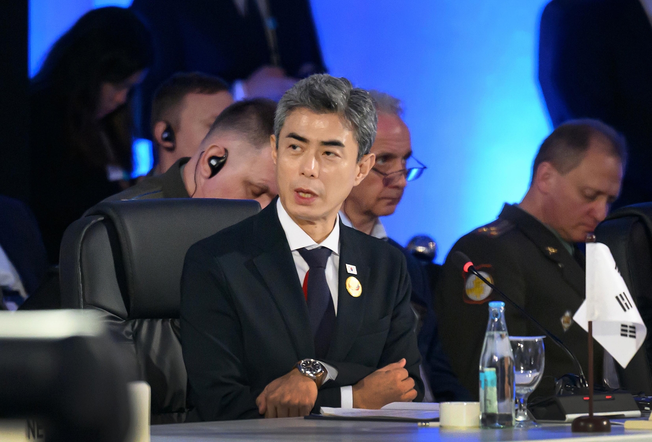 Defense Minister Kang Shin-chul delivers remarks at the 13th ASEAN Defense Ministers’ Meeting-Plus in the Philippines on Thursday. (Ministry of National Defense/Yonhap)