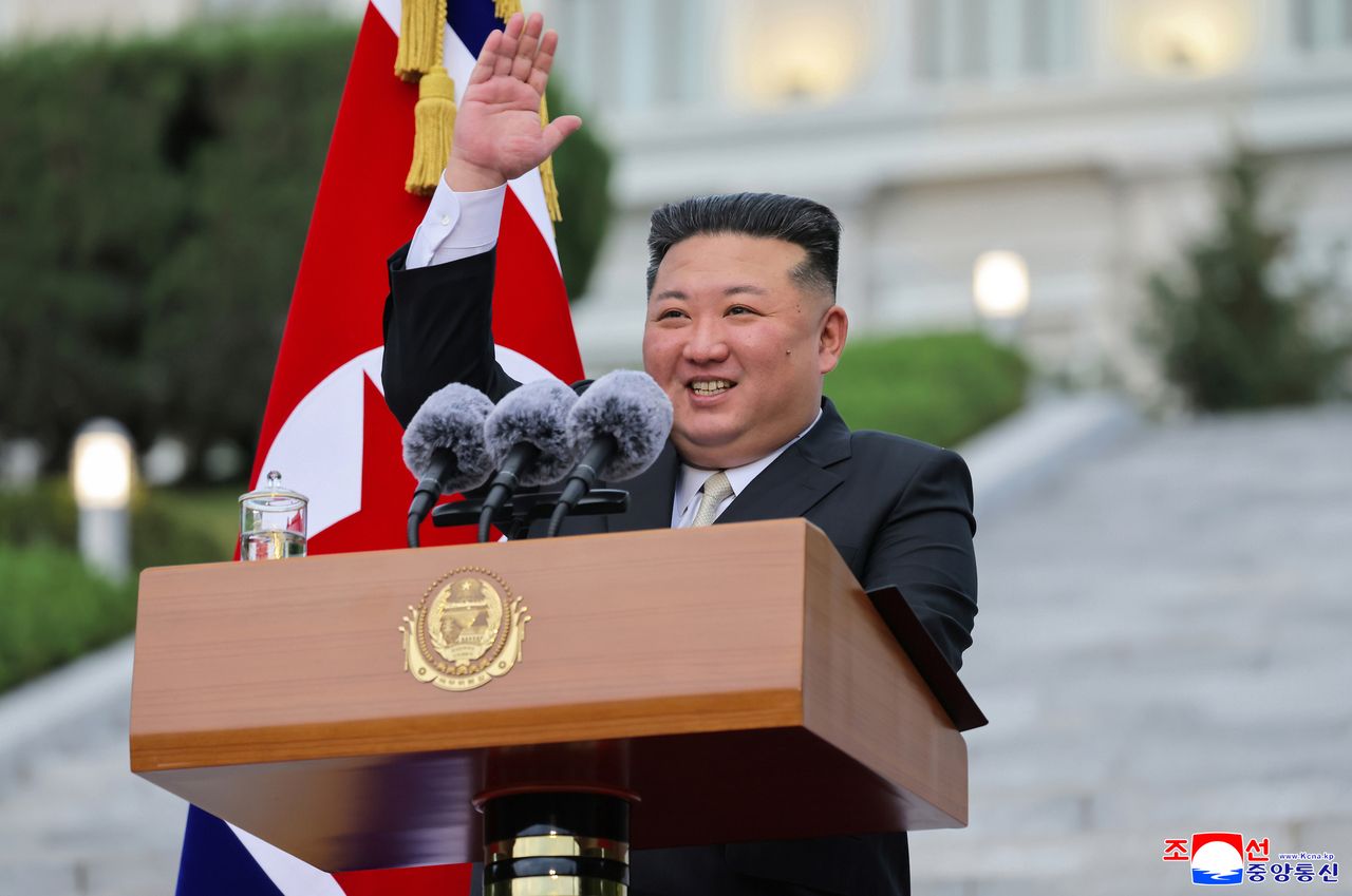 North Korean leader Kim Jong-un addresses a ceremony at Kim Il Sung University in Pyongyang on Sept. 30, to celebrate the North's top university's 80th founding anniversary. (North's official Korean Central News Agency)