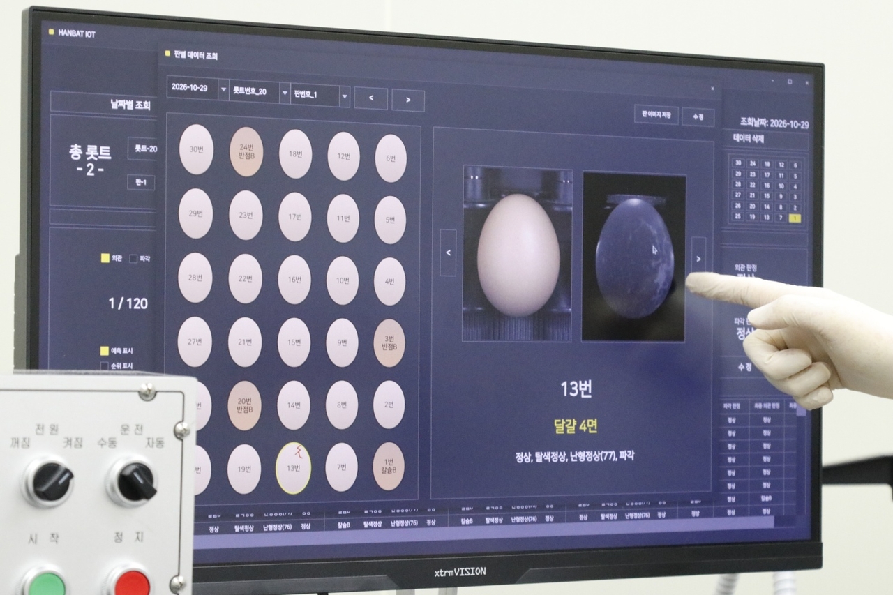 29일 경기 평택시 농업회사법인 와이제이푸드에 설치된 인공지능(AI) 기반 계란 등급판정 장비의 모니터에 계란 외관 촬영 영상이 표시돼 있다. 이 장비는 계란을 360도로 촬영해 껍데기의 오염과 미세한 균열을 자동으로 분석한다.[축산물품질평가원]