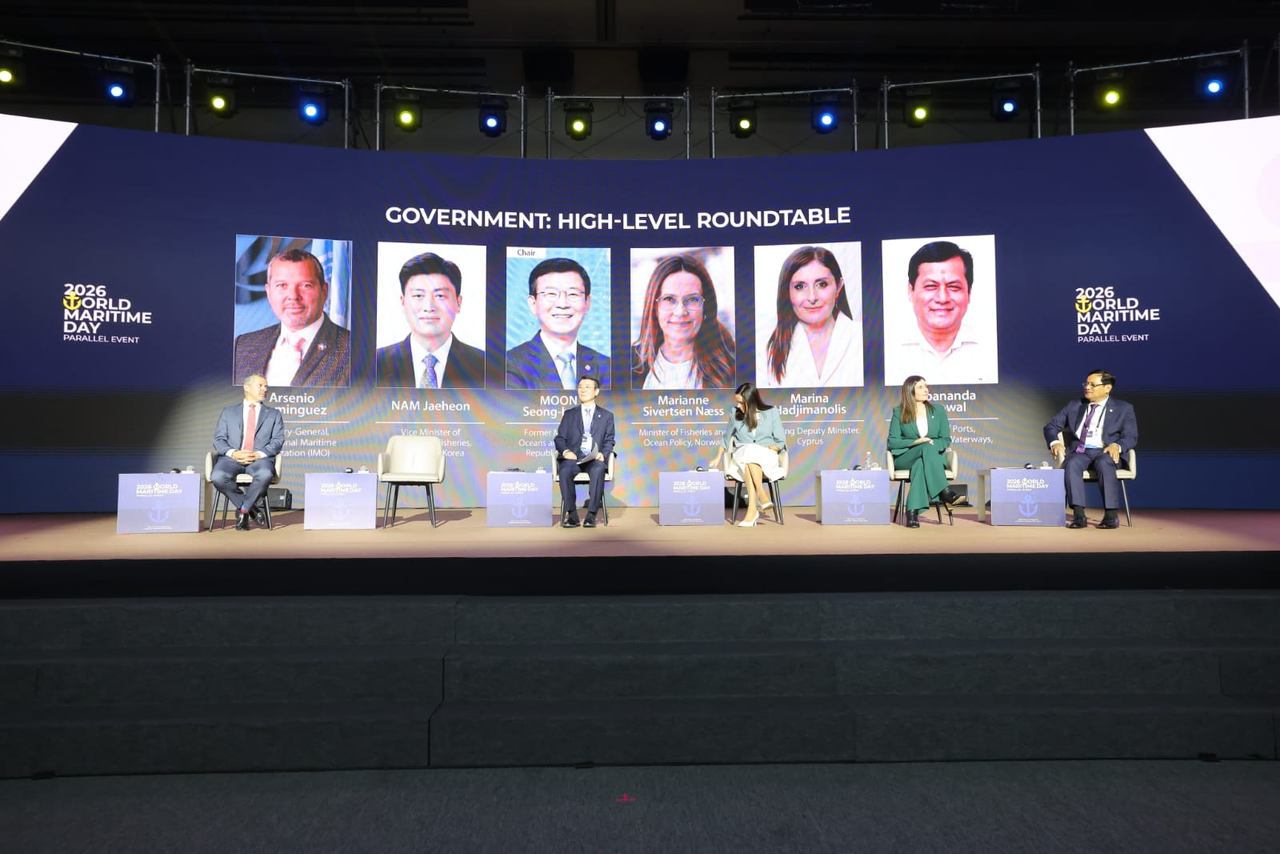 Indian Ports, Shipping and Waterways Minister Sarbananda Sonowal (first from right) joins a high-level government roundtable during the 2026 World Maritime Day Parallel Event at the Busan Port International Exhibition & Convention Center in Busan, South Korea. (Embassy of India in Seoul)