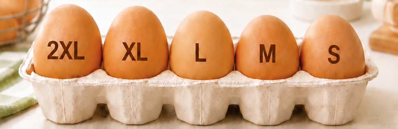 Egg weight classification names are changing from the traditional Korean terms — wangran, teukran, daeran, jungran and soran — to 2XL, XL, L, M and S. The image shows the new size classifications arranged by egg size. [Korea Institute for Animal Products Quality Evaluation]