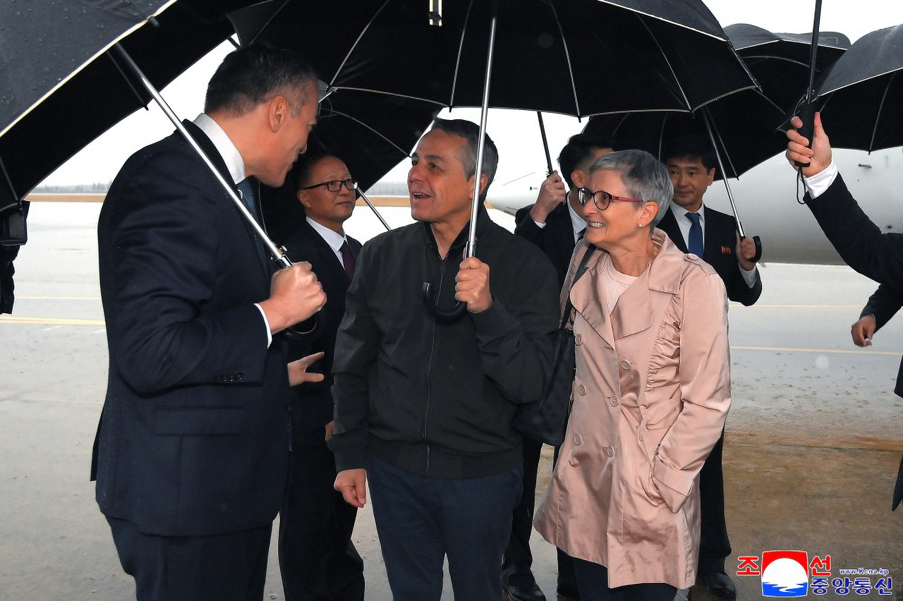 Swiss Foreign Minister Ignazio Cassis and his delegation arrive in Pyongyang on Thursday, in this photo provided by North Korea’s state-run Korean Central News Agency the following day. (Yonhap)