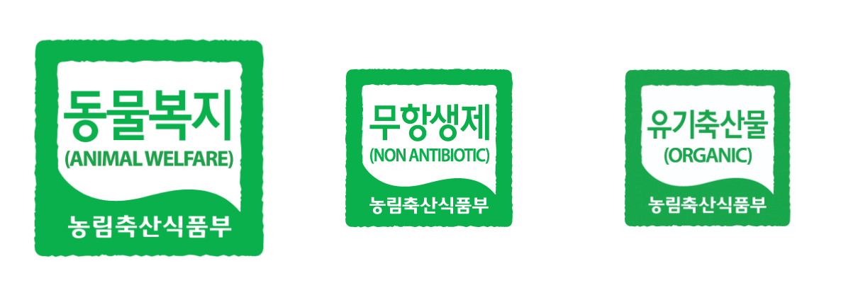 Certification marks that can be found on egg packaging — animal welfare farm, antibiotic-free livestock, and organic livestock (from left). Each certification applies different standards based on farming conditions and management practices. [Ministry of Agriculture, Food and Rural Affairs / ChatGPT]