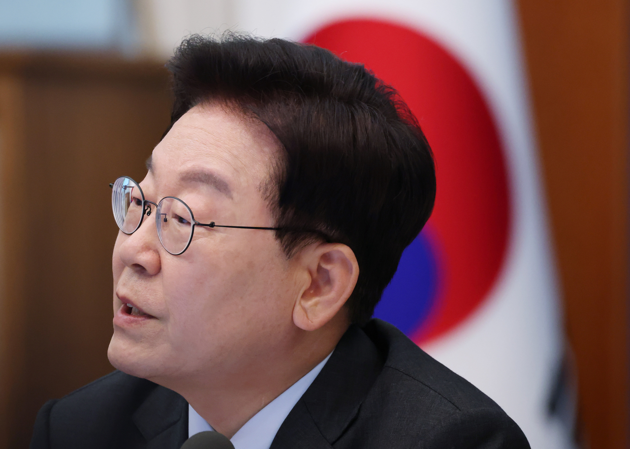 President Lee Jae Myung speaks during a Cabinet meeting at Cheong Wa Dae in Seoul on Tuesday. (Yonhap)