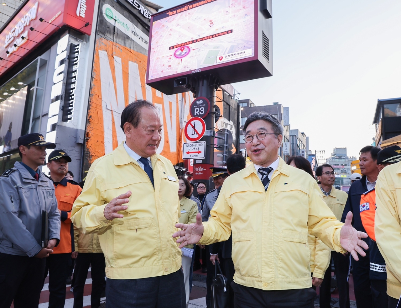 Officials conduct a safety inspection in the Hongdae area ahead of Halloween.
